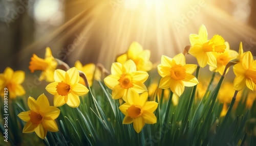 yellow spring flowers narcissus daffodils with bright sunbeams s photo