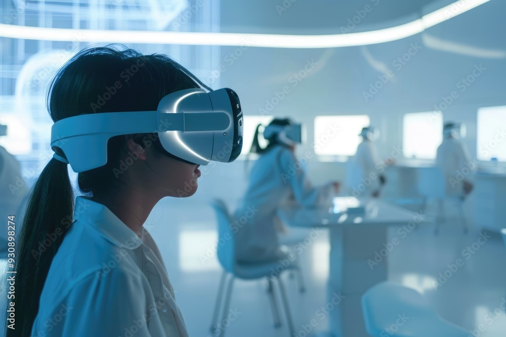 Virtual reality classroom, representing the future of education Virtual reality classroom, representing the future of education
