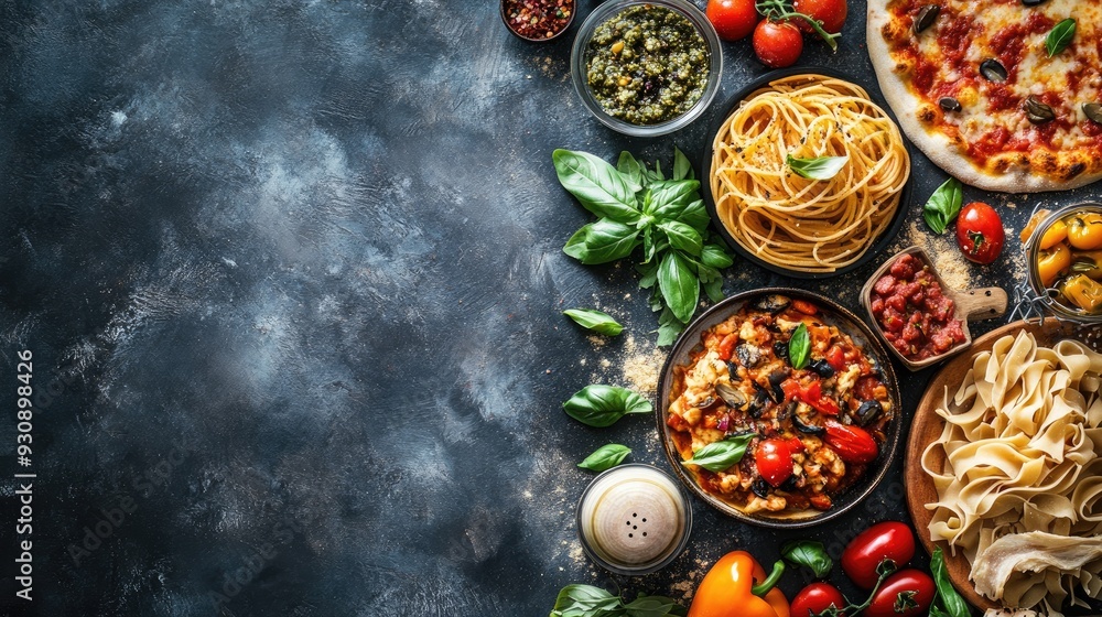 Delicious Italian cuisine with copy space, featuring a variety of traditional dishes like pasta and pizza. Delicious Italian cuisine with copy space, featuring a variety of traditional dishes like pasta and pizza.