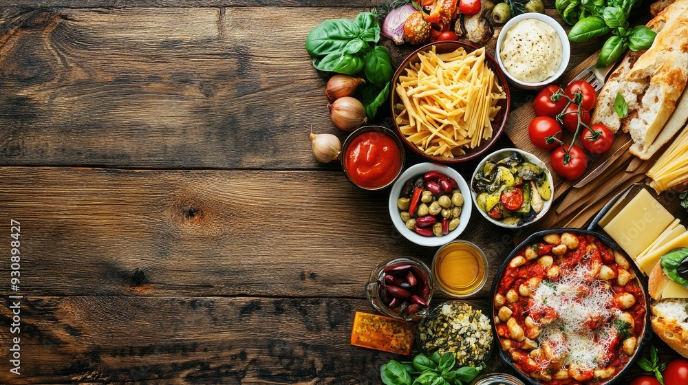 Delicious Italian dishes with ample copy space, featuring a variety of traditional meals and vibrant ingredients. Delicious Italian dishes with ample copy space, featuring a variety of traditional meals and vibrant ingredients.