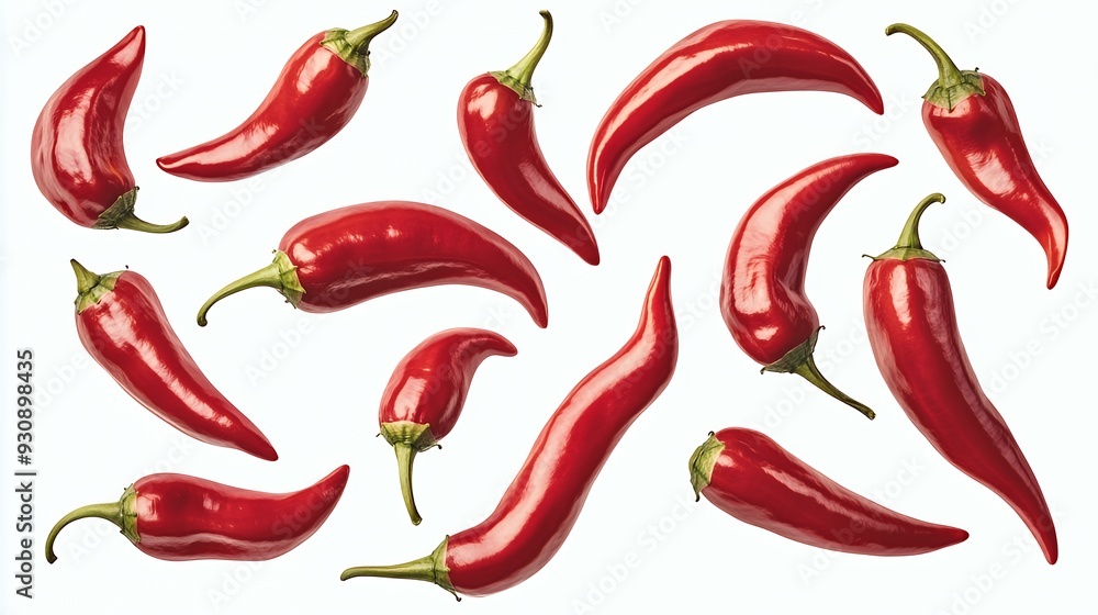 A collection of 14 red chili peppers, arranged in a scattered pattern against a white background. A collection of 14 red chili peppers, arranged in a scattered pattern against a white background.