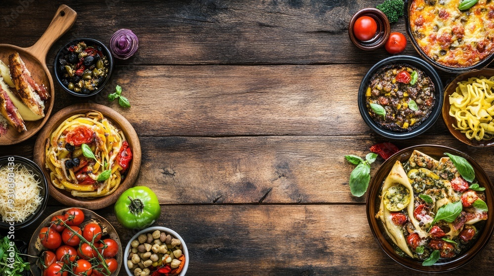 Delicious Italian dishes with ample copy space, featuring a variety of traditional meals and vibrant ingredients.