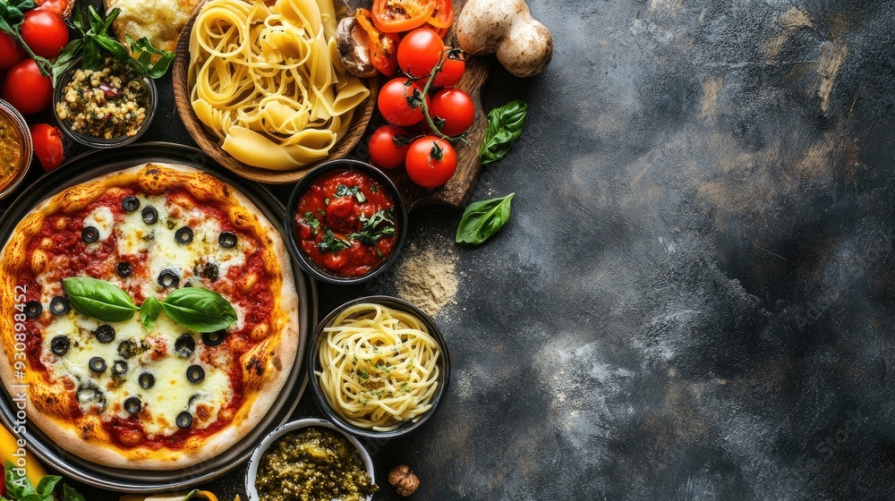 Delicious Italian dishes with copy space, featuring a variety of traditional pasta, pizza, and side dishes. Delicious Italian dishes with copy space, featuring a variety of traditional pasta, pizza, and side dishes.