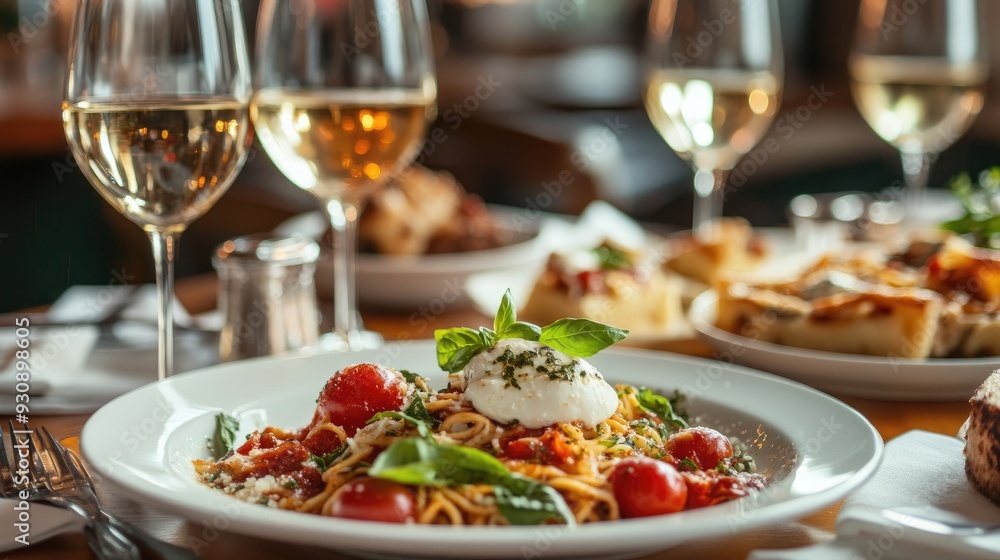 Elegant Italian cuisine with copy space, including a selection of gourmet dishes like lasagna and caprese salad. Elegant Italian cuisine with copy space, including a selection of gourmet dishes like lasagna and caprese salad.