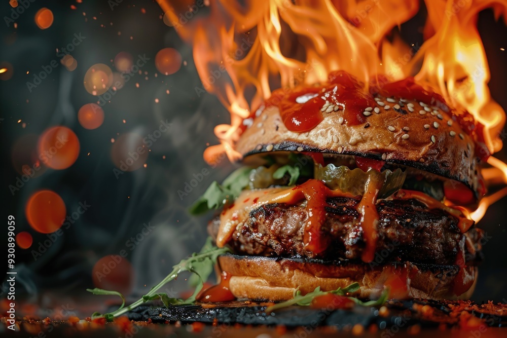 A close-up of a burger with spicy sauce, with flames creating a dramatic effect in the background A close-up of a burger with spicy sauce, with flames creating a dramatic effect in the background