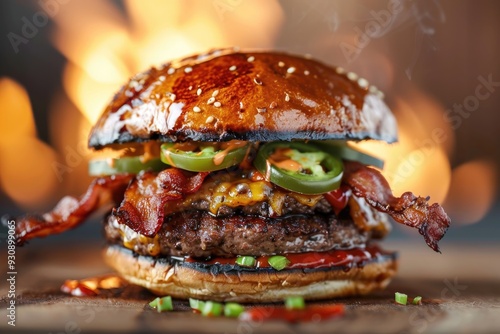Close-up of a burger with crispy bacon and spicy jalapeños, with flames creating a dramatic backdrop
