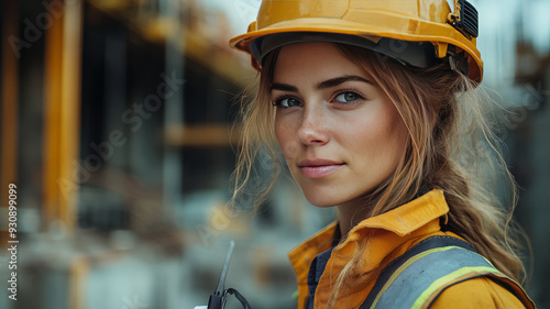 a female construction worker, standing confidently on a construction site,