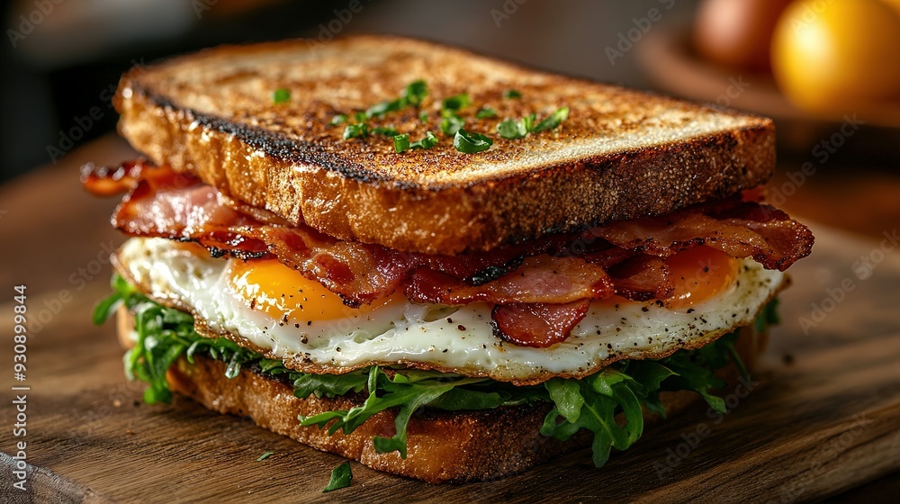 Toasted Bread Sandwich with Bacon, Fried Egg, and Arugula Toasted Bread Sandwich with Bacon, Fried Egg, and Arugula