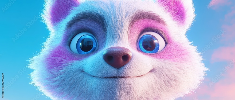 A cartoon panda with blue eyes and pink fur is smiling A cartoon panda with blue eyes and pink fur is smiling