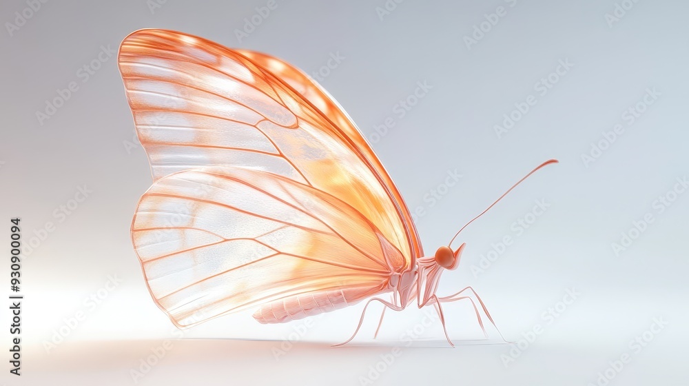 A butterfly with a pink and white wing is standing on a white background A butterfly with a pink and white wing is standing on a white background
