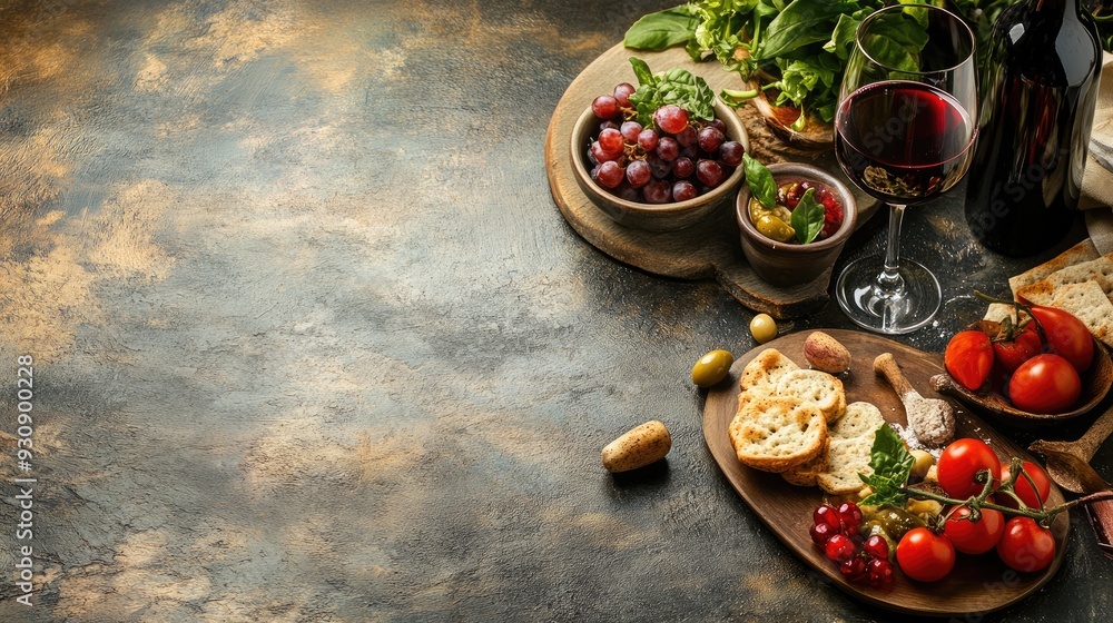 Italian appetizers and a glass of fine wine on a table, with a clean area for text Italian appetizers and a glass of fine wine on a table, with a clean area for text