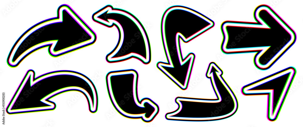 Collection of glitch-style arrows and recycling symbols with vibrant distortion. Vector illustration for tech and eco-themed designs. Collection of glitch-style arrows and recycling symbols with vibrant distortion. Vector illustration for tech and eco-themed designs.