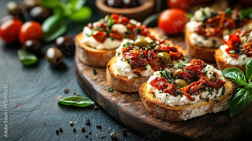 Wallpaper Mural Toasted Bread with Sun-Dried Tomatoes, Green Olives, Basil, and Ricotta Cheese Torontodigital.ca