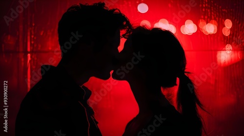 Silhouettes of a passionate heterosexual couple kissing
