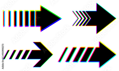Set of glitch-style arrows in bold colors. Vector illustration ideal for tech, digital, and creative projects.