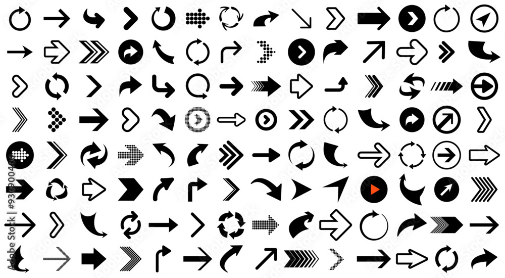 Naklejka premium Vector illustration featuring a comprehensive collection of black arrow icons with diverse styles and directional flows.