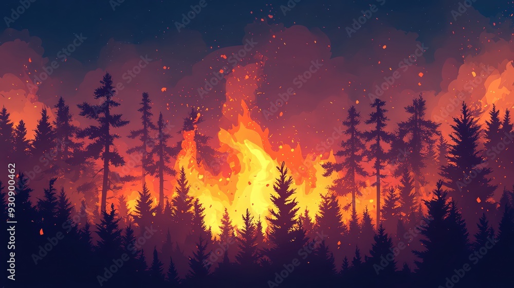 A dramatic scene of a forest fire capturing intense flames and dark smoke amidst towering trees at twilight. A dramatic scene of a forest fire capturing intense flames and dark smoke amidst towering trees at twilight.