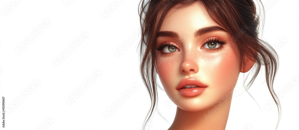 3D Cartoon of a Beautiful Woman with Radiant Skin and Cosmetics on Her Face Isolated on White 3D Cartoon of a Beautiful Woman with Radiant Skin and Cosmetics on Her Face Isolated on White