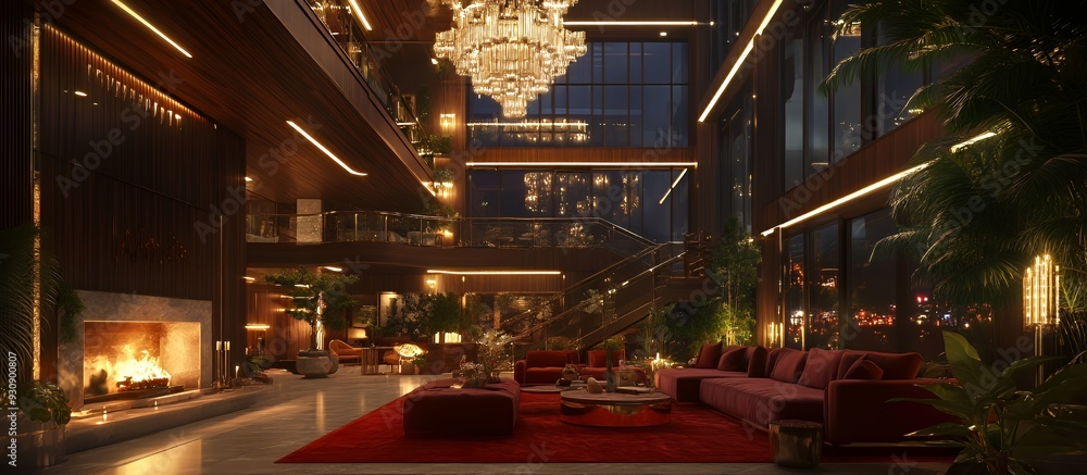 Fototapeta premium Luxuriously designed double-height penthouse living room featuring a warm fireplace, plush red carpet, elegant sofas, and a grand crystal chandelier under a warm evening glow.