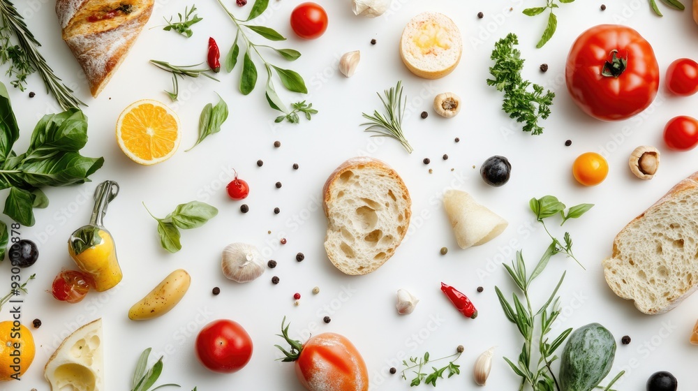 Light and airy white background with scattered food items, offering plenty of room for creative content. Light and airy white background with scattered food items, offering plenty of room for creative content.