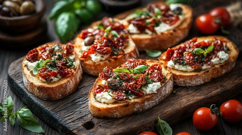 Sun-dried Tomato and Basil Bruschetta with Cream Cheese on Rustic Wooden Board