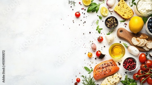 Light and airy white background with scattered food items, offering plenty of room for creative content. photo