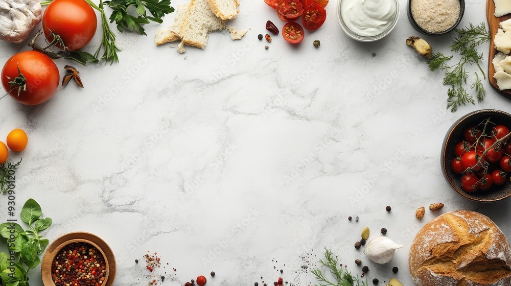 Light white surface with food elements placed at the corners, leaving plenty of room for creative content. Light white surface with food elements placed at the corners, leaving plenty of room for creative content.