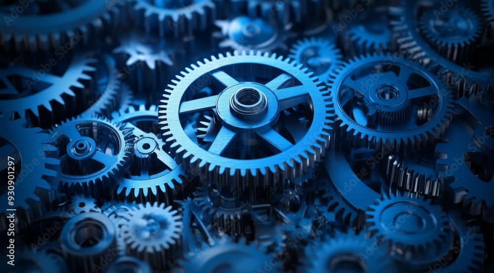 A closeup image of interlocked blue metal gears highlights the intricate design and teamwork in machinery, symbolizing collaboration and efficiency as parts work together for optimal results A closeup image of interlocked blue metal gears highlights the intricate design and teamwork in machinery, symbolizing collaboration and efficiency as parts work together for optimal results