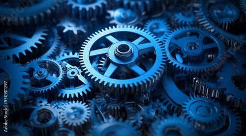 Wallpaper Mural A closeup image of interlocked blue metal gears highlights the intricate design and teamwork in machinery, symbolizing collaboration and efficiency as parts work together for optimal results Torontodigital.ca
