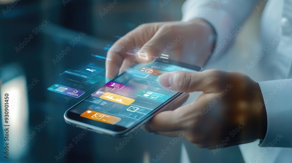 Modern businessman scrolling through a smartphone with app icons for business, finance, and productivity, highlighting the importance of mobile technology in business. Modern businessman scrolling through a smartphone with app icons for business, finance, and productivity, highlighting the importance of mobile technology in business.