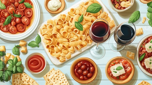 Wallpaper Mural A vibrant Italian meal spread featuring pasta, tomatoes, olives, cheese, and red wine, showcasing a delightful culinary experience. Torontodigital.ca
