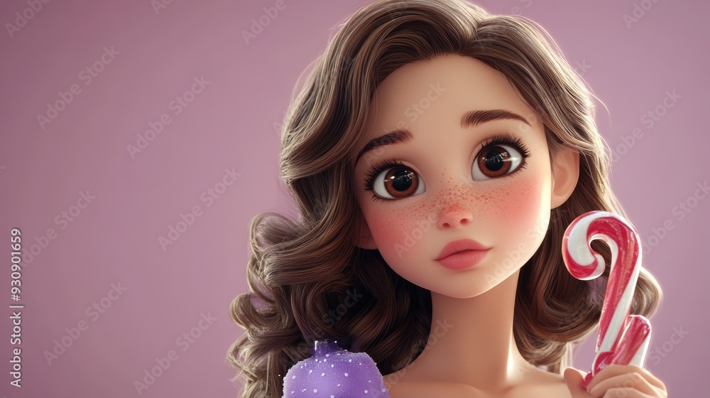 3D cartoon of a charming girl with brown eyes in a studio She has wavy brown hair and is wearing a purple dress while holding a Christmas candy 3D cartoon of a charming girl with brown eyes in a studio She has wavy brown hair and is wearing a purple dress while holding a Christmas candy