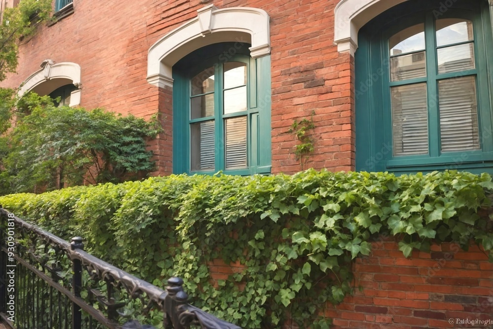 Urban Brick Fence with Ivy Creeping Up and a View of Classic Townhouses Urban Brick Fence with Ivy Creeping Up and a View of Classic Townhouses