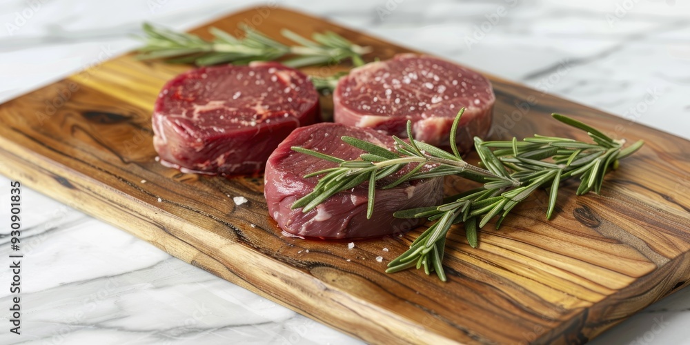 Closeup of marble countertop with beef from Denver on a wooden resin board garnished with a rosemary branch Closeup of marble countertop with beef from Denver on a wooden resin board garnished with a rosemary branch