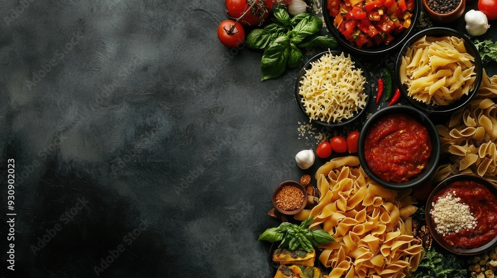 Modern Italian pasta with ample copy space, including a variety of pasta dishes with fresh vegetables and sauces. Modern Italian pasta with ample copy space, including a variety of pasta dishes with fresh vegetables and sauces.