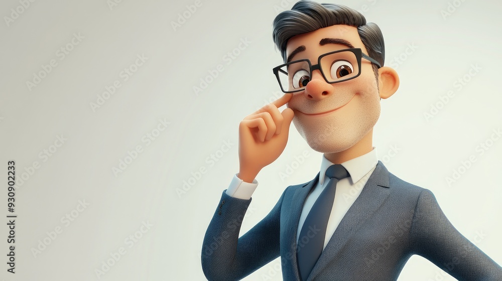 3D cartoon of a charming businessman in a stylish suit fixing his glasses and striking a pose against a bright white backdrop in a studio 3D cartoon of a charming businessman in a stylish suit fixing his glasses and striking a pose against a bright white backdrop in a studio