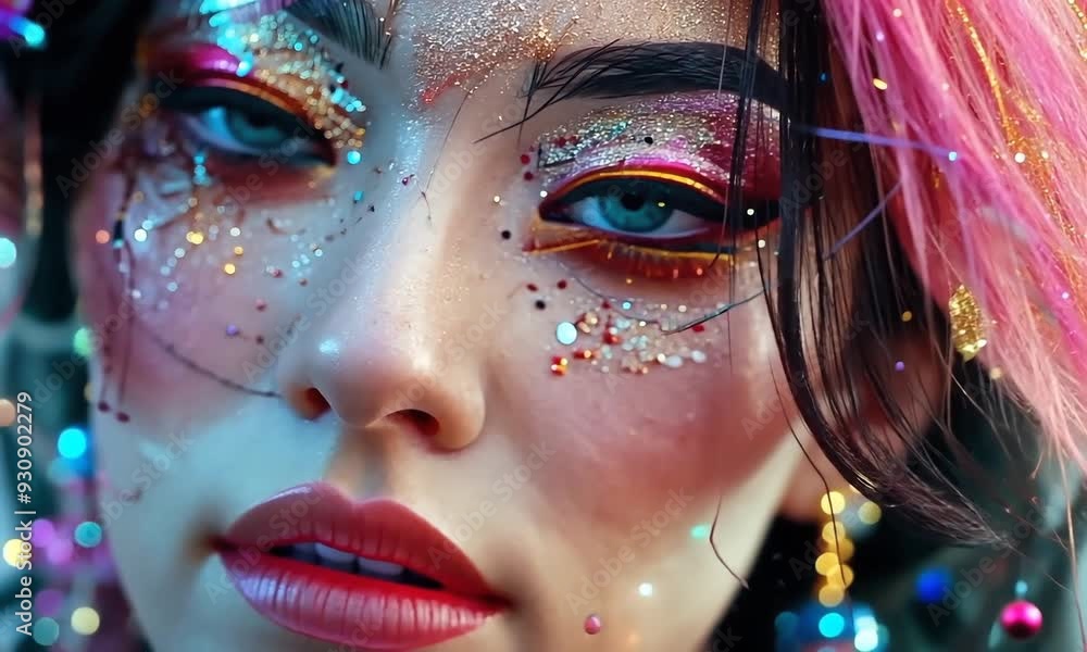 Stunning close-up of a model with vibrant makeup and artistic face embellishments in a creative studio environment. Generative AI Stunning close-up of a model with vibrant makeup and artistic face embellishments in a creative studio environment. Generative AI