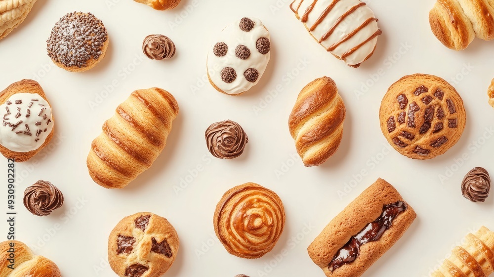 Pattern of baked goods on a light surface, offering a warm and inviting background with plenty of room for text. Pattern of baked goods on a light surface, offering a warm and inviting background with plenty of room for text.
