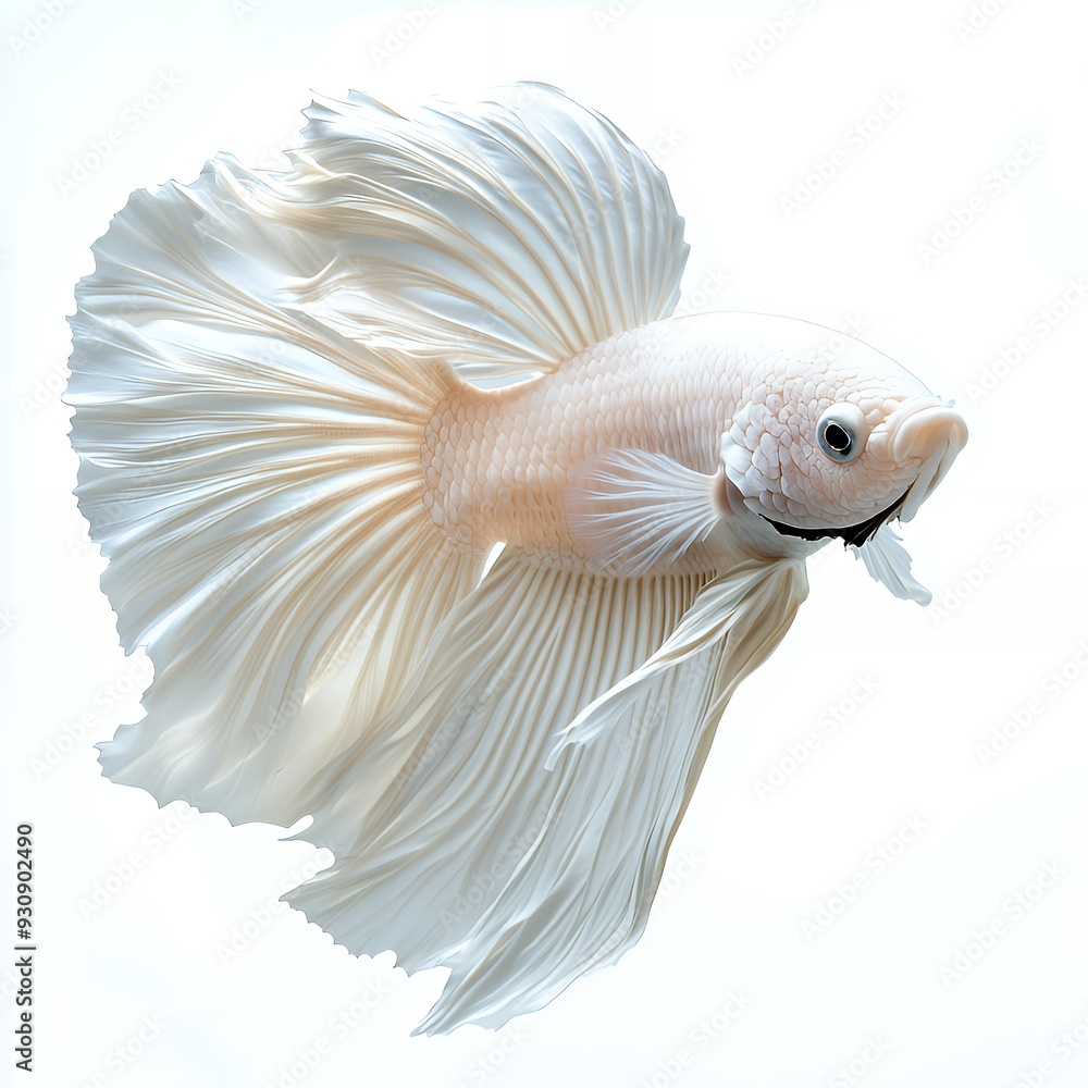 A white Siamese fighting fish, also known as a betta fish, with long flowing fins, swims against a white background. A white Siamese fighting fish, also known as a betta fish, with long flowing fins, swims against a white background.