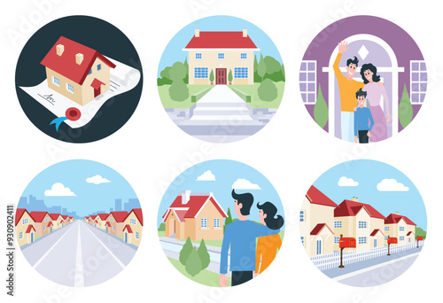 Icons of houses and settlements. Illustrations of neighborhoods and property.