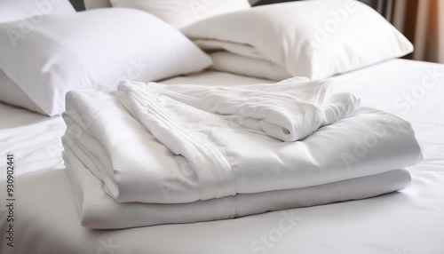 neatly folded freshly laundered white duvet covers are ready to be put away after washing photo