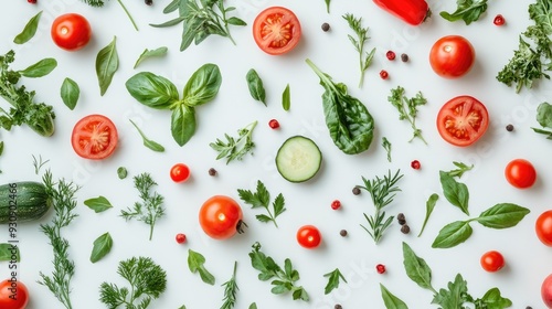 Pattern of vegetables and herbs on a light background, providing a fresh and inviting backdrop with copy space.