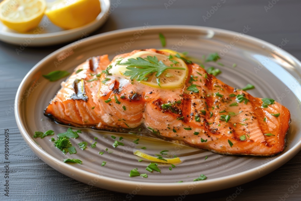 Grilled salmon fillet with lemon butter sauce on a plate Grilled salmon fillet with lemon butter sauce on a plate
