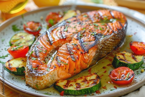 Close-up of grilled salmon steak with vegetables on a plate photo