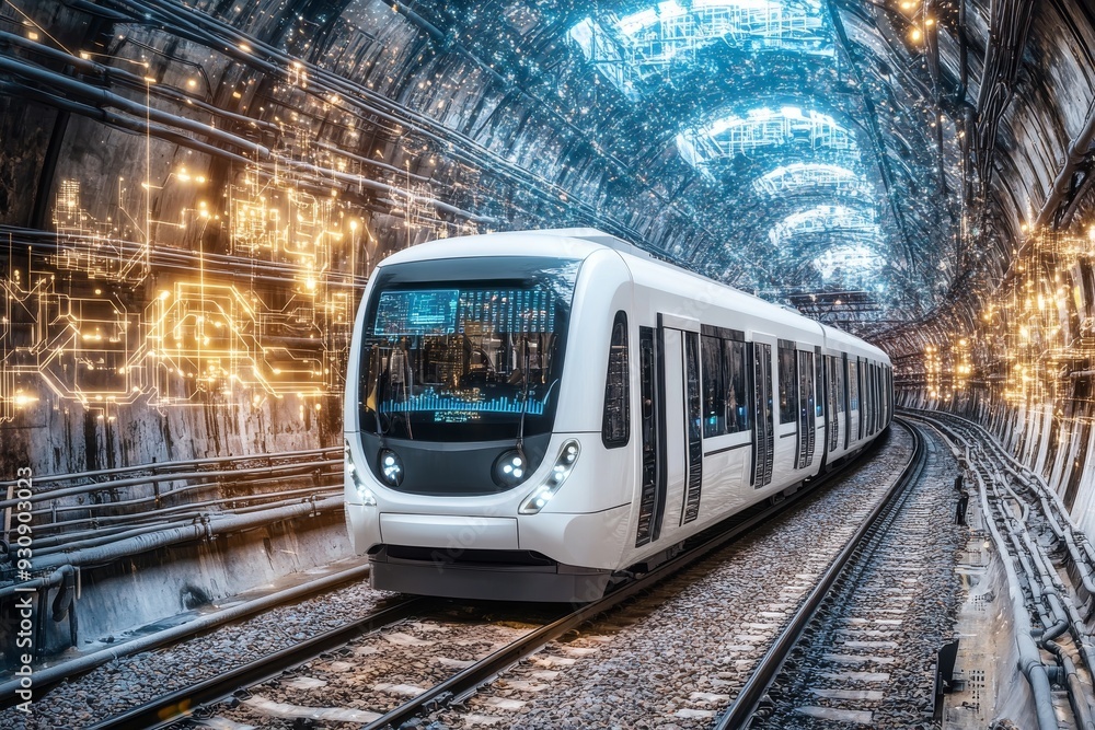 Naklejka premium Modern metro train arriving at a futuristic underground station highlighting the innovation and technological advancements in public transportation infrastructure