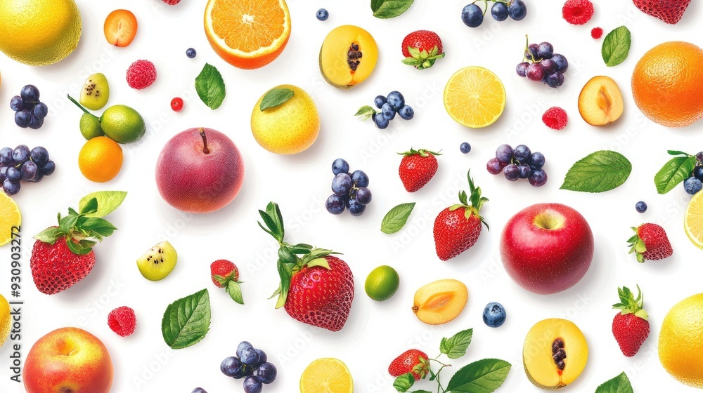 Seamless pattern of colorful fruits on a white background, providing ample space for text or design. Seamless pattern of colorful fruits on a white background, providing ample space for text or design.