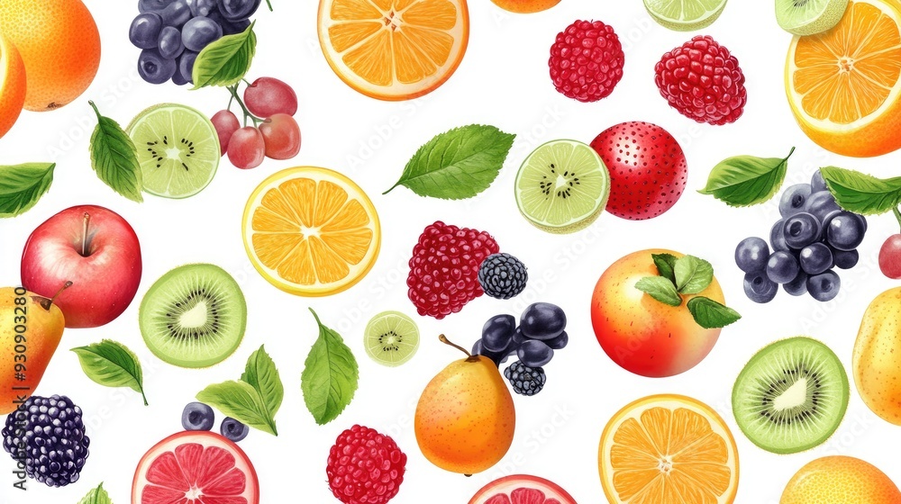 Seamless pattern of colorful fruits on a white background, providing ample space for text or design. Seamless pattern of colorful fruits on a white background, providing ample space for text or design.