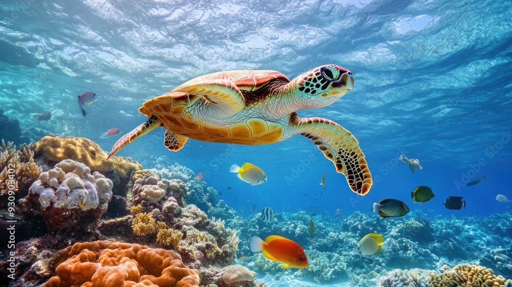 Obraz premium Sea Turtle Swimming Through Coral Reef