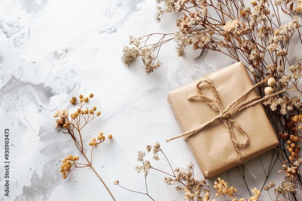 Clean and simple arrangement of gift box with dried flowers, ample copy space Clean and simple arrangement of gift box with dried flowers, ample copy space
