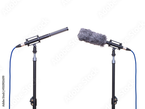 A professional-grade shotgun microphone on a isolated white background, a high-quality audio recording device.